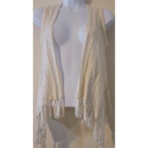 2 Hip By Wrapper Cream Crochet Open Front Knit Cardigan Sweater XL Fringed Boho